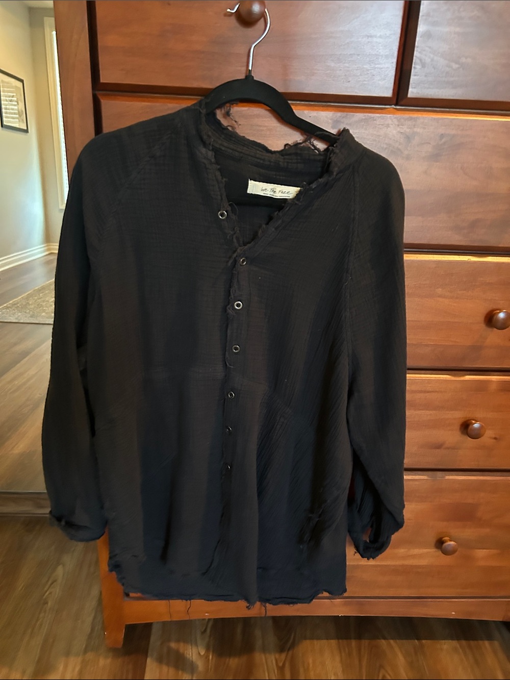 We The Free Black Distressed Button-Front Blouse